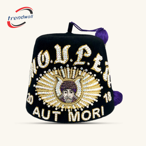 GROTTO Past Monarch Double Jewel Fez with Aurora Borealis Rhinestones & Gold Pearls